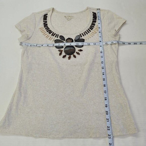 By Chicos Top Womens 0/S-4 Short Sleeve Wooden Beaded Detail Scoop Neck Neutral - Picture 7 of 8